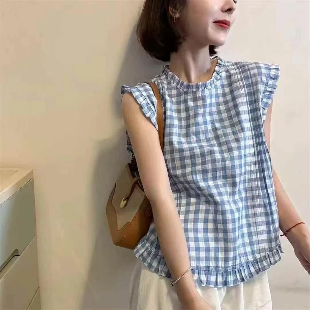 【现货格子】法式新款百搭修身显瘦时尚格子木耳边无袖圆领衬衫