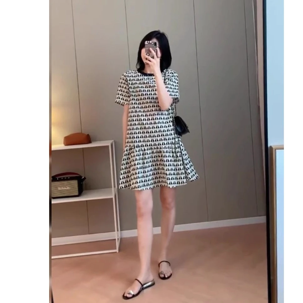 法式连衣裙女夏季新款轻熟风微胖mm收腰显瘦短袖a字裙短裙职场裙