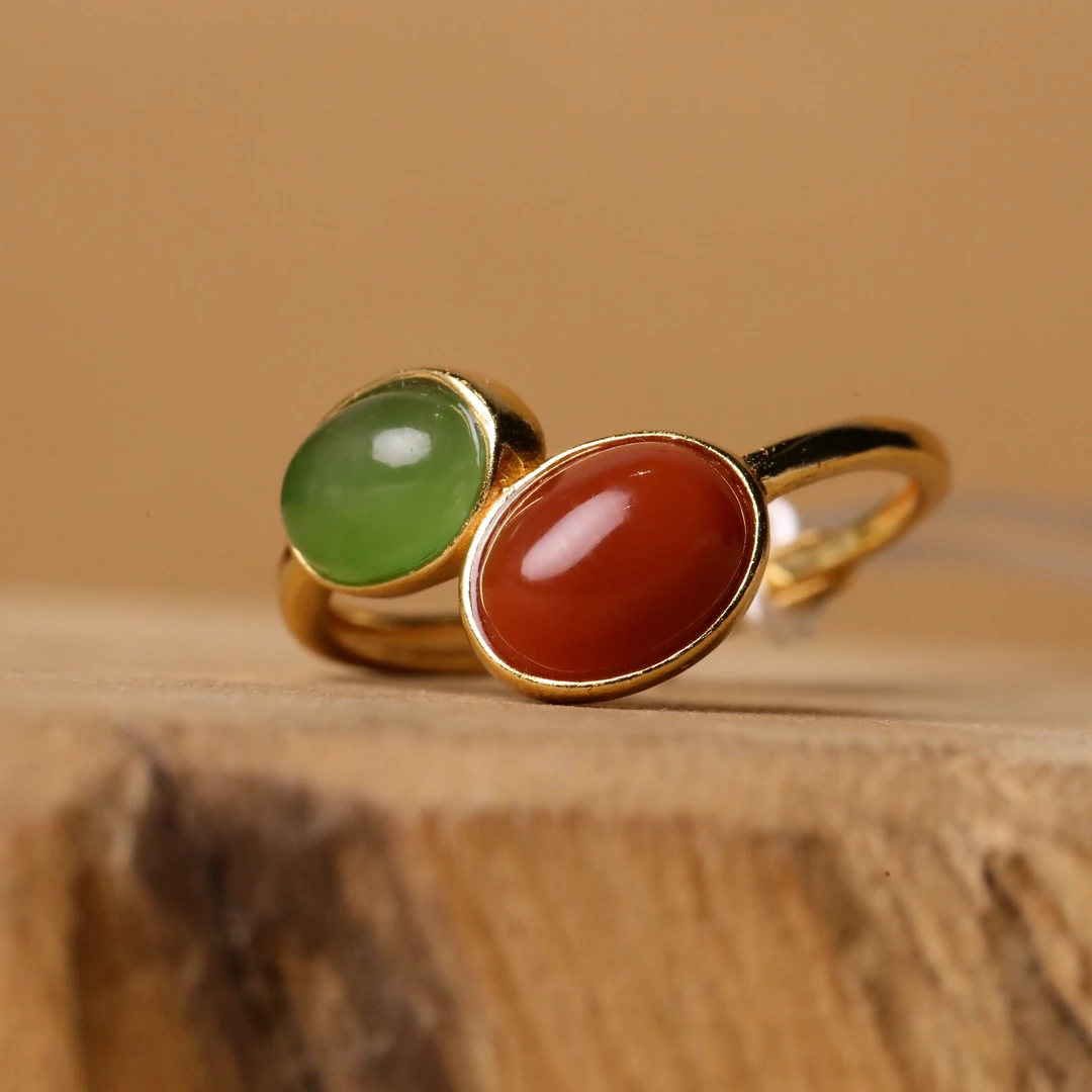 和田玉S925银碧玉南红戒指 俄罗斯保山 3665