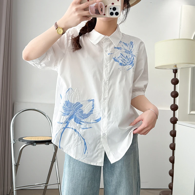 2025夏季新中式高端国风刺绣衬衫女韩版轻奢时尚通勤百搭显瘦衬衣