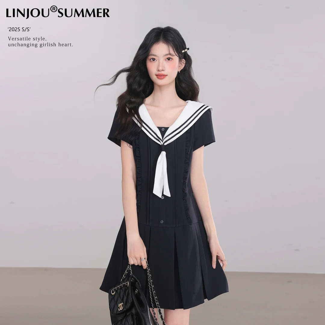 玲玖《早八航海》海军领短袖连衣裙女夏穿搭新款小个子短裙子
