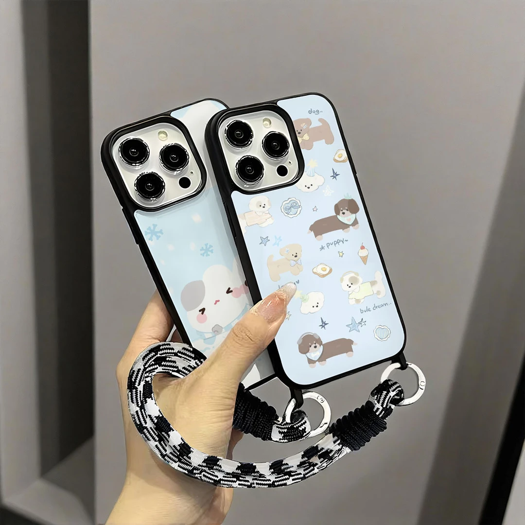 黑框满屏小狗带挂绳适用苹果16promax手机壳15/14/12日韩16全