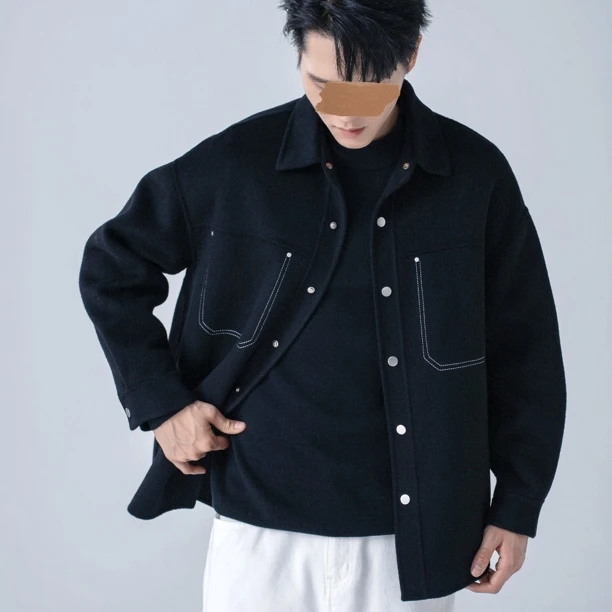 短款男士新中式男立领毛呢大衣翻领男装秋冬季时尚