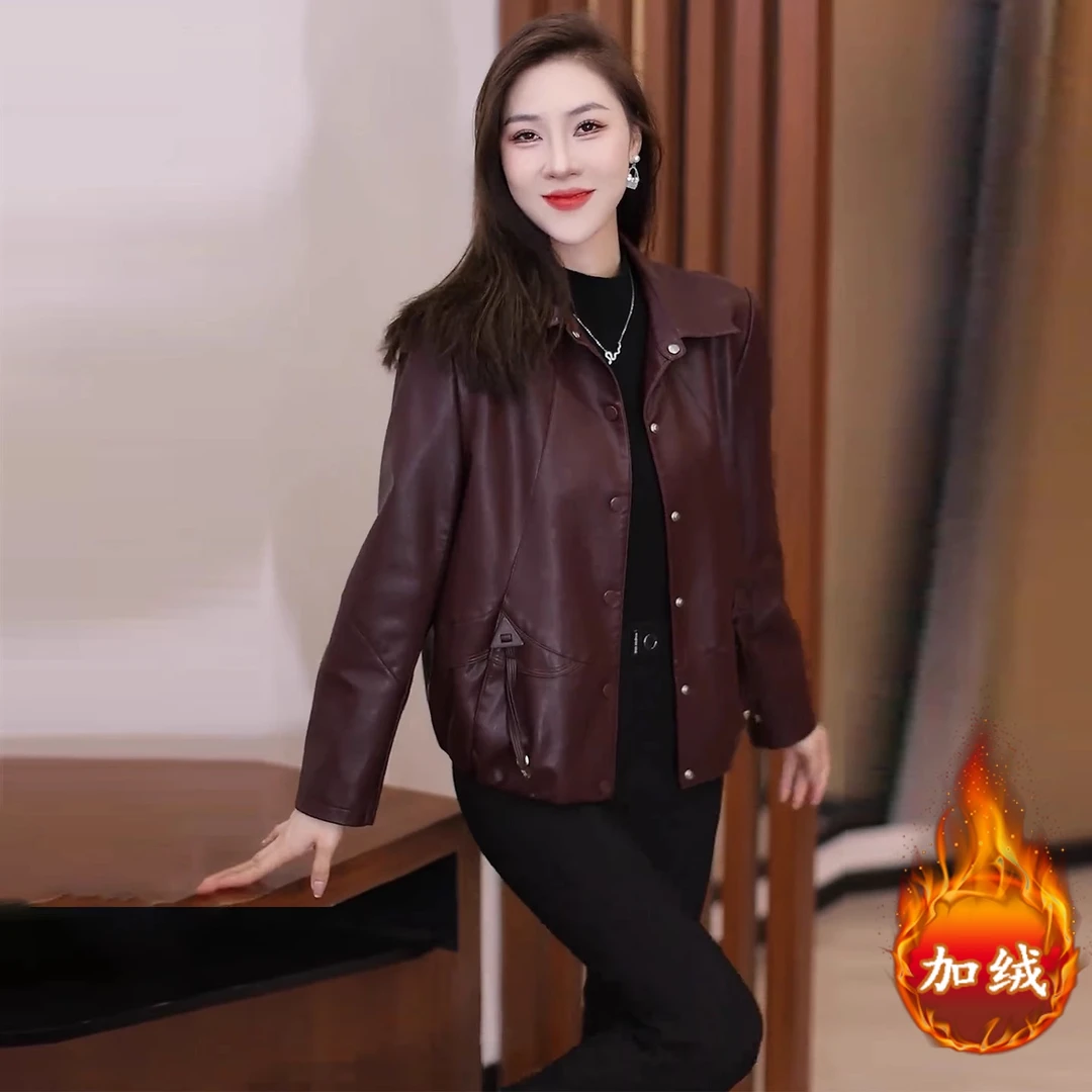 拉夏贝尔时尚翻领短款皮衣外套女2025秋冬季新款百搭宽松显瘦上衣