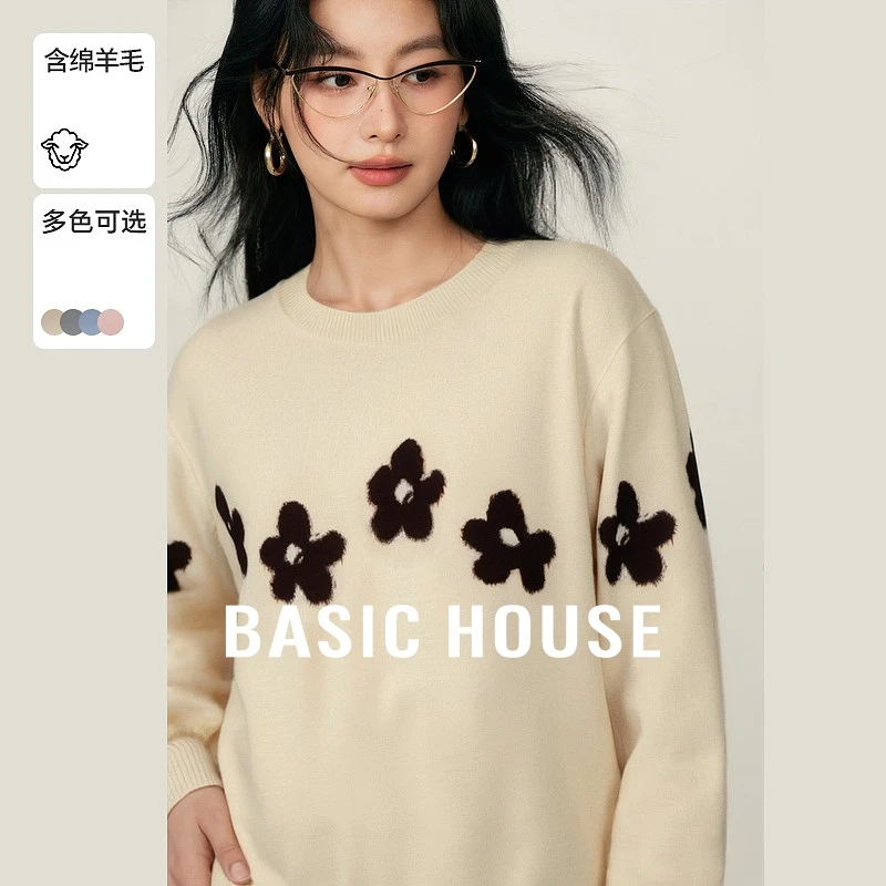 Basic House/百家好秋冬时尚百搭针织印花长袖针织衫-B06245C4092