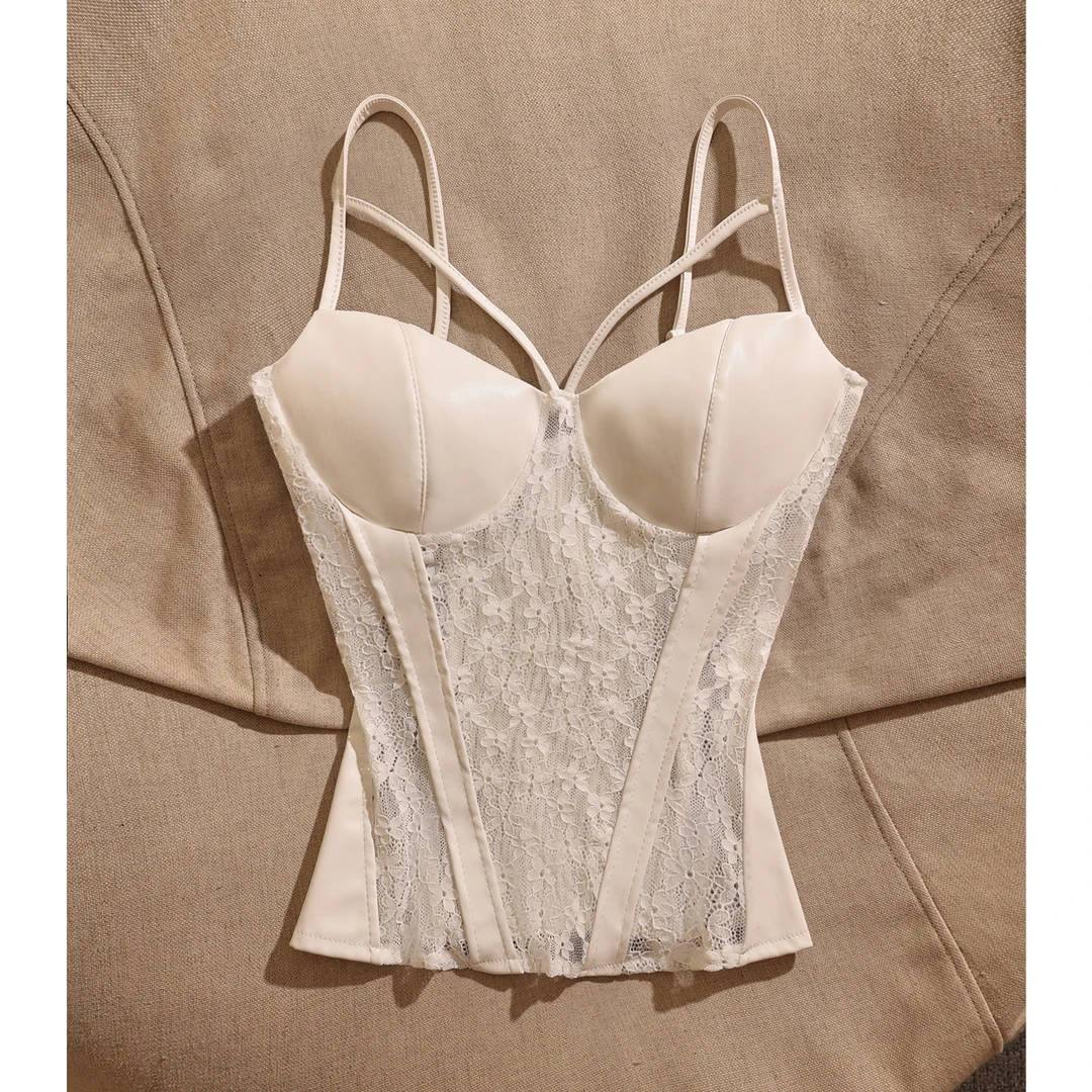 性感蕾丝拼接PU皮吊带背心女收腰修身显瘦美背心内搭上衣气质小众