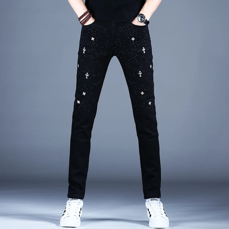 潮流高街黑色十字烫钻牛仔裤男春秋季修身小脚休闲长裤子潮牌百搭