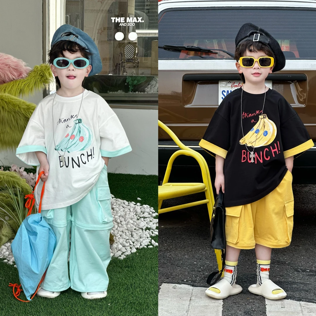 现货 kb6806 | 【夏•banana】夏季儿童撞色翻边短袖印花T 双色绝了！