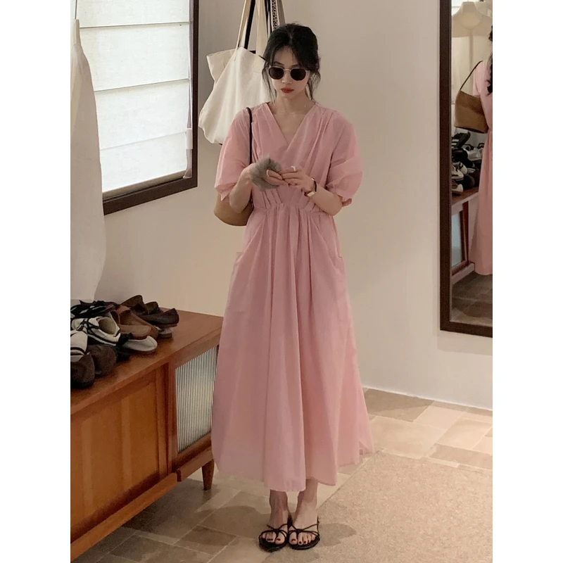 YNVN甜美粉色V领短袖连衣裙女装法式设计感小众裙子2025夏季新款