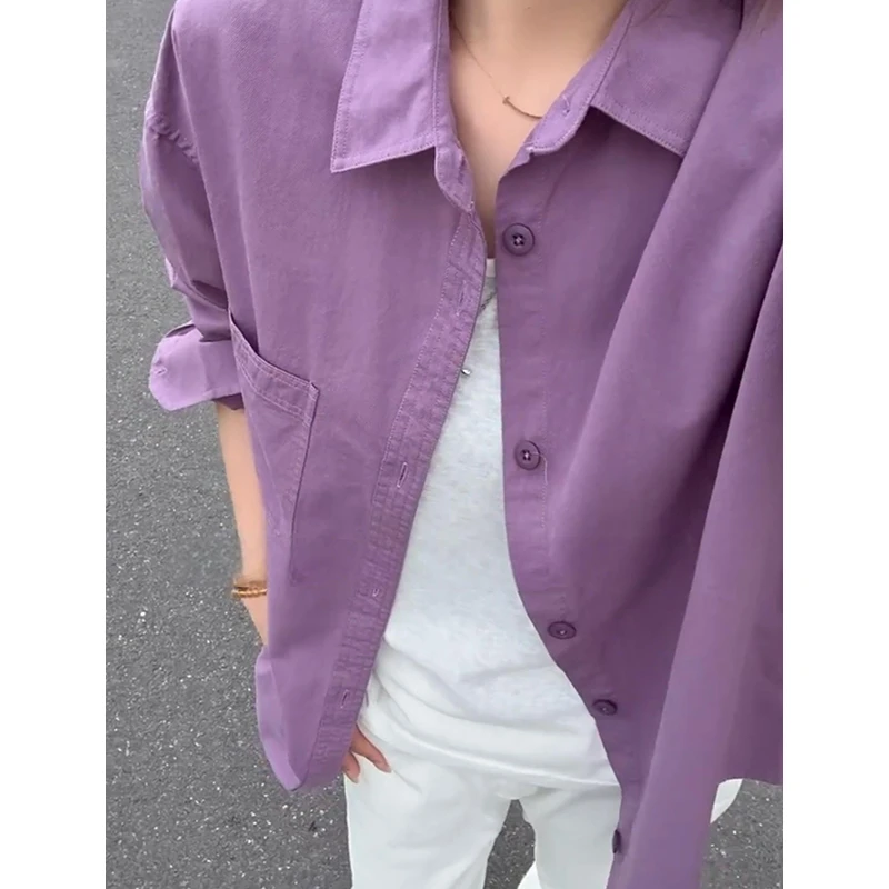 日系穿搭紫色纯棉衬衫男夏季新款高级感休闲宽松长袖衬衣防晒外套