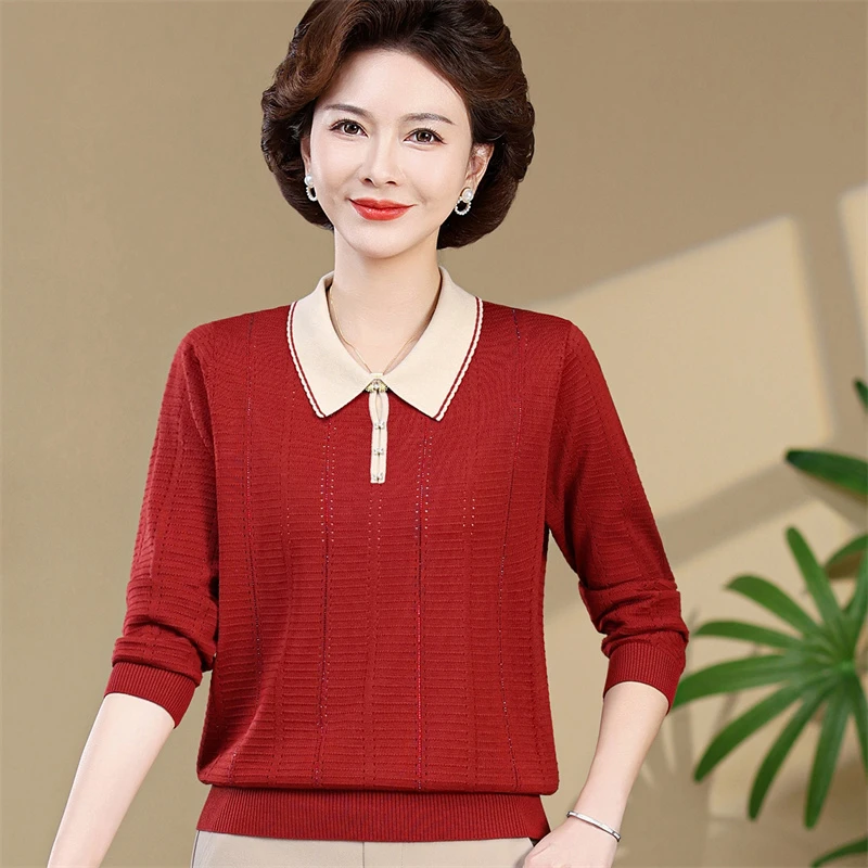 中老年女装春秋新款针织衫气质毛衣打底衫妈妈秋装翻领天丝上衣