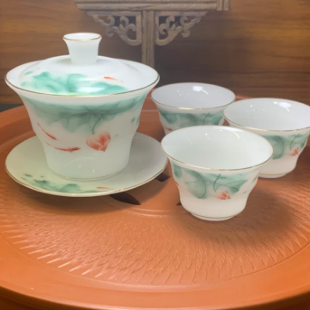 办公会客高档礼品荷塘月色冰种竹节茶具盖碗套装杯子三才盖碗