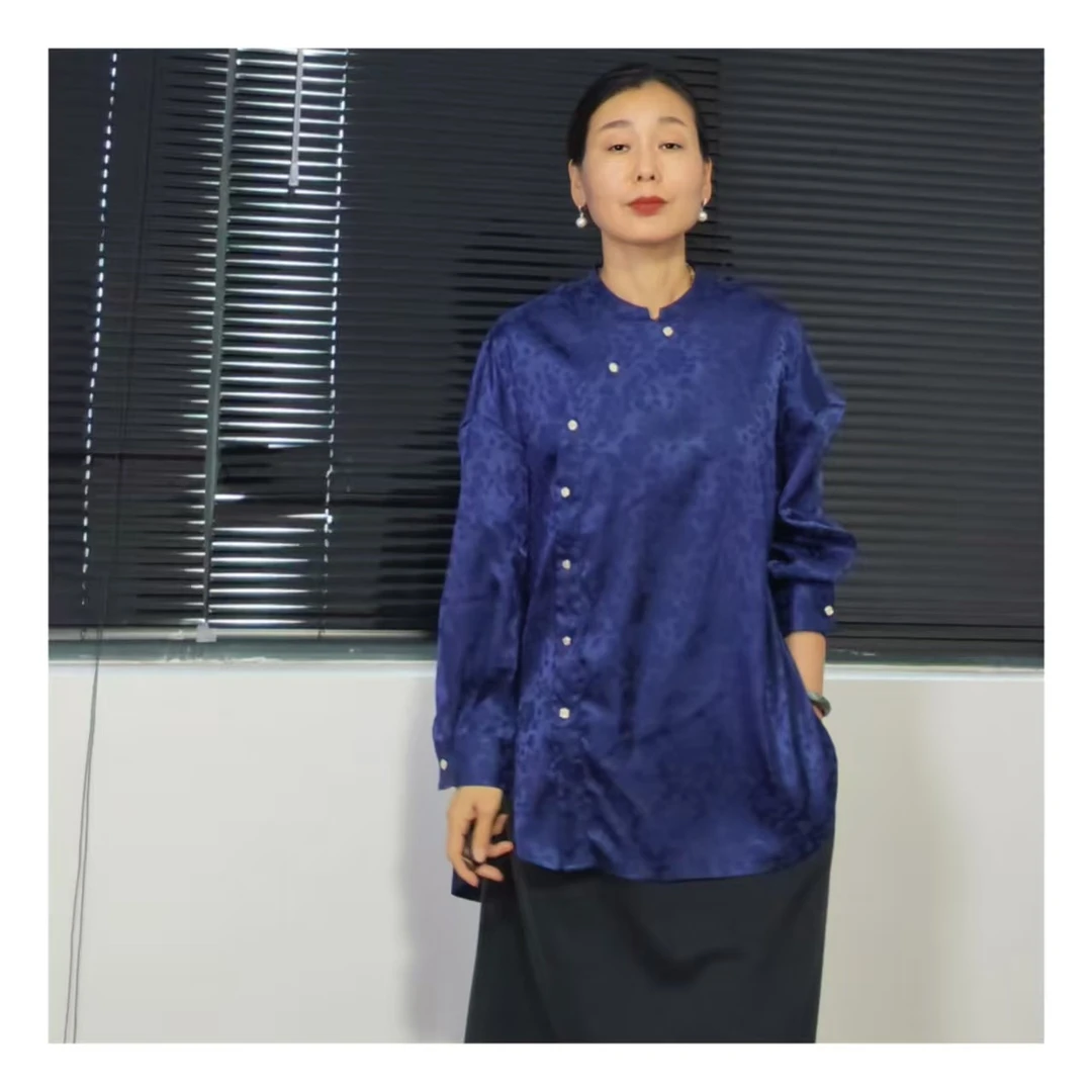 ZR044国风斜边扣立领长袖女士休闲衬衫蓝色蓝色