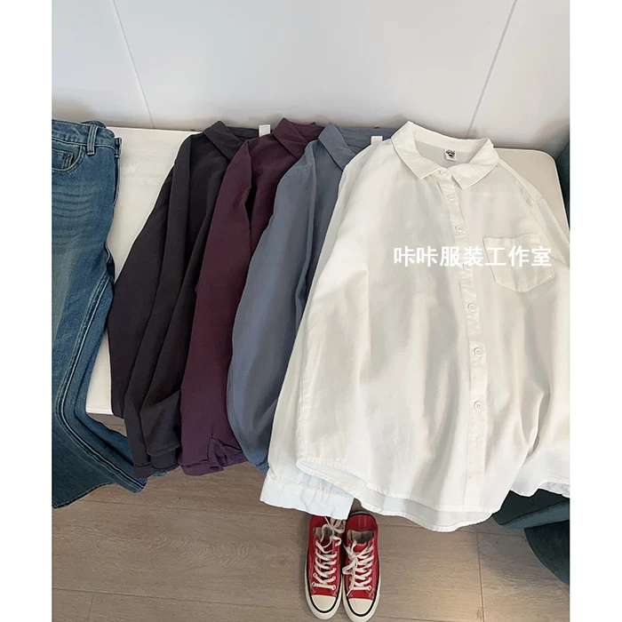 REKAYYAT“百利”100%棉韩系时尚百搭慵懒风纯色小众设计感长袖衬衫