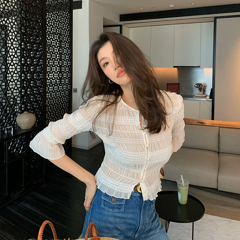 【ALONE SAVOR】蕾丝长袖气质白色衬衫镂空小众衬衣Z041