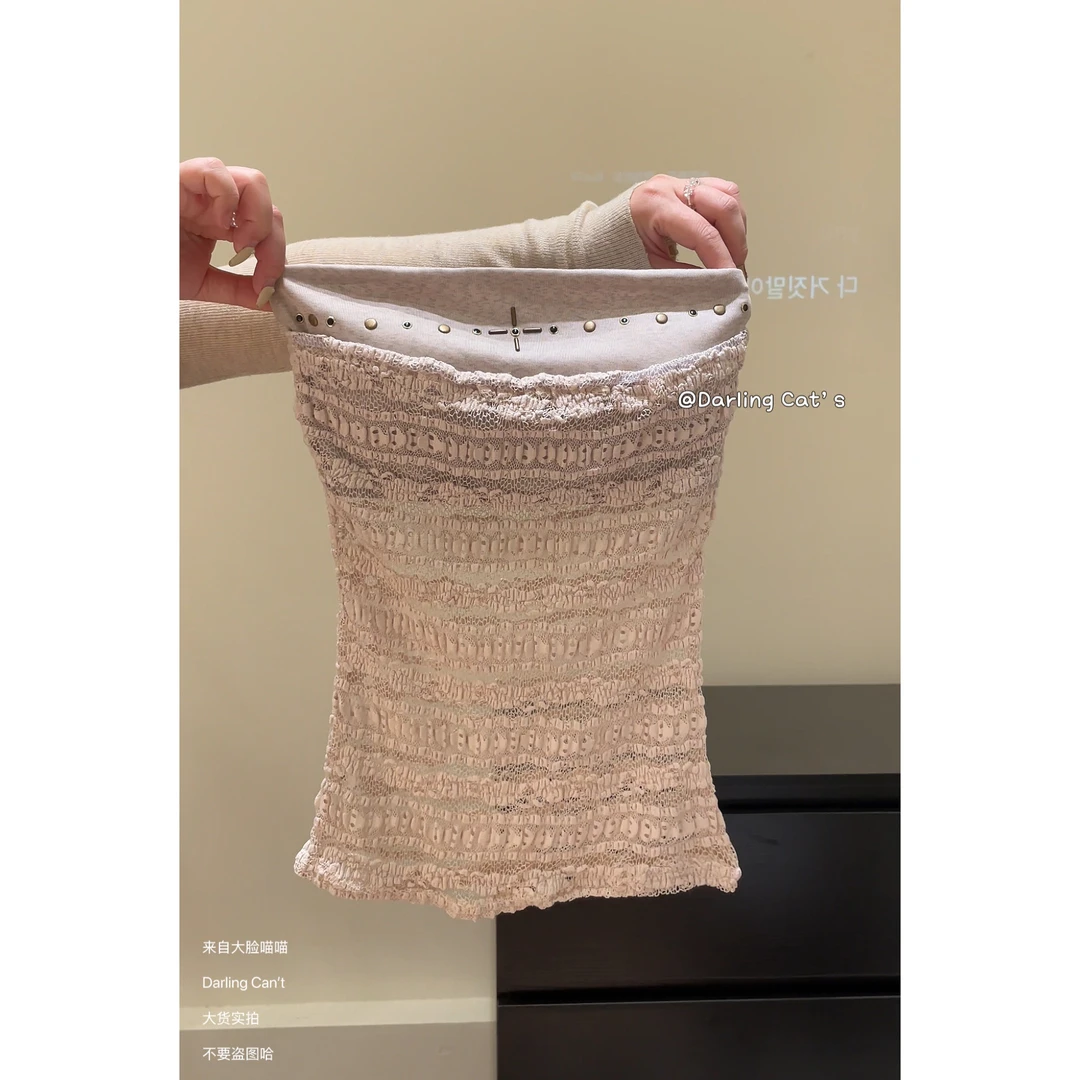 大脸喵 带胸垫 古早少女烫钉抹胸背心夏季蕾丝内搭叠穿裹胸两件套