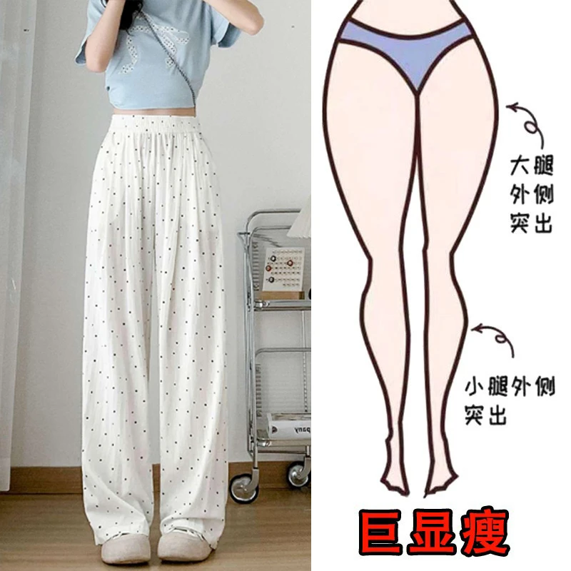 2025夏季薄款大码女装宽松波点直筒休闲裤梨形身材高腰阔腿拖地裤