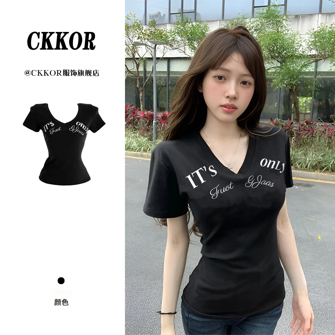 CKKOR美式复古时尚收腰设计款辣妹纯欲风穿搭V领短袖修身显瘦上衣