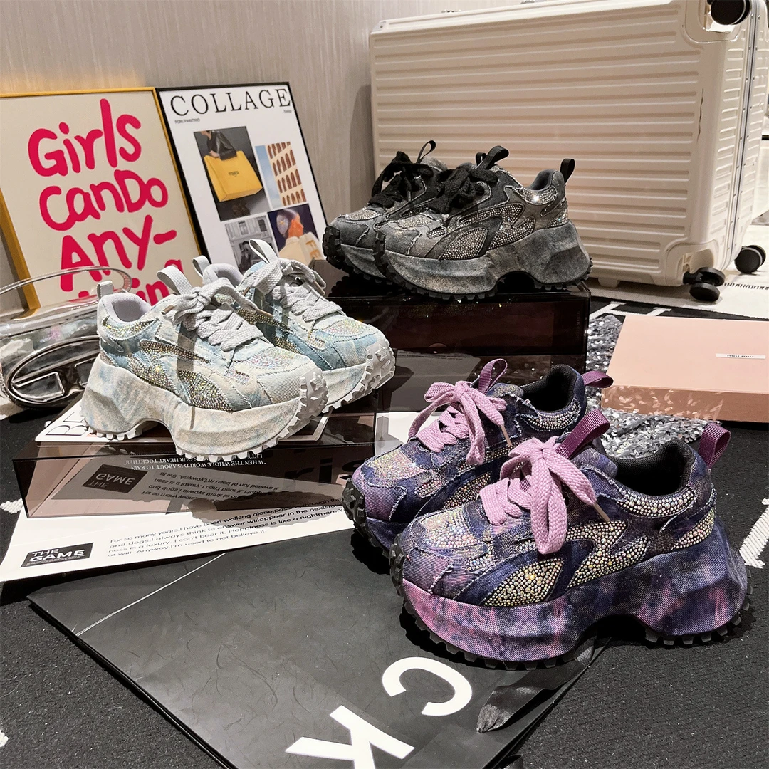 【涵】老爹鞋ins水洗做旧牛仔布水钻厚底松糕小个子休闲运动鞋女鞋