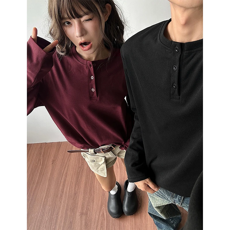 德绒亨利领打底衫重磅长袖t恤男款秋冬美式复古痞帅宽松内搭上衣