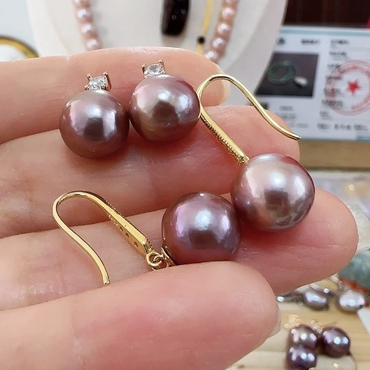 银S925镶嵌耳饰淡水珍珠卡10左右妖孽紫一组圆巴有纹