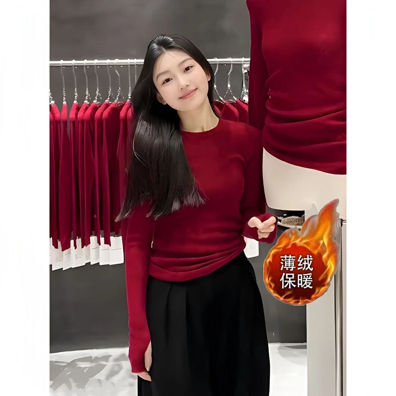 秋冬打底衫薄绒保暖长袖t恤女纯欲正肩圆领新款修身显瘦基础上衣