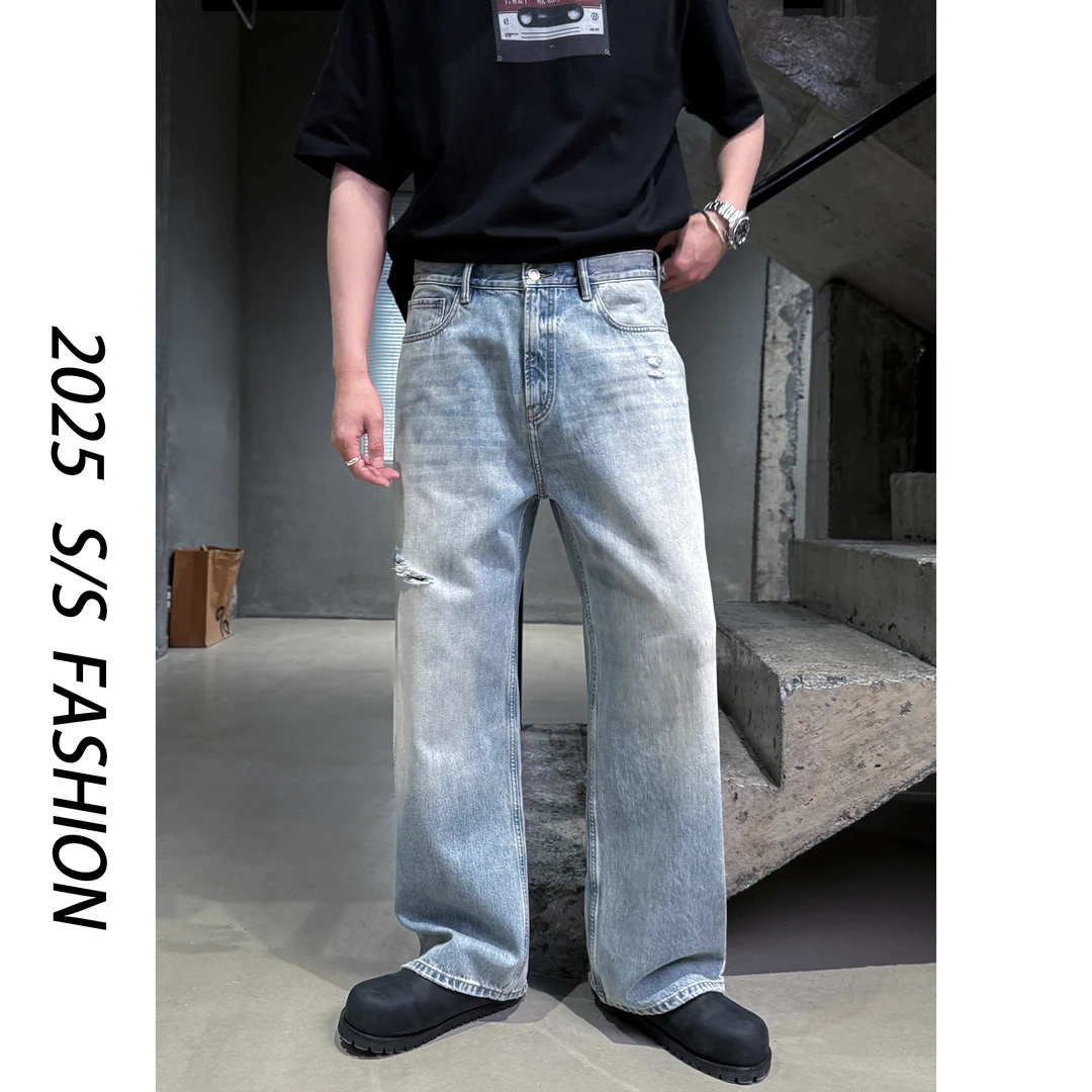 【叶继枫】25 S/S“天空之城”13.5oz复古做旧水洗破洞浅蓝直筒牛仔裤