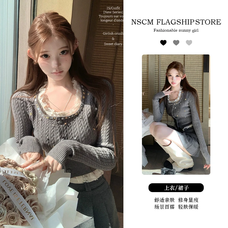 NSCM春秋新款网红洋气炸街韩版学院风蕾丝拼接假两件针织开衫短裙