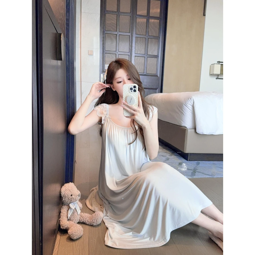 睡衣女夏季蕾丝吊带裙纯色甜美带胸垫中长款透气可外穿家居服睡裙