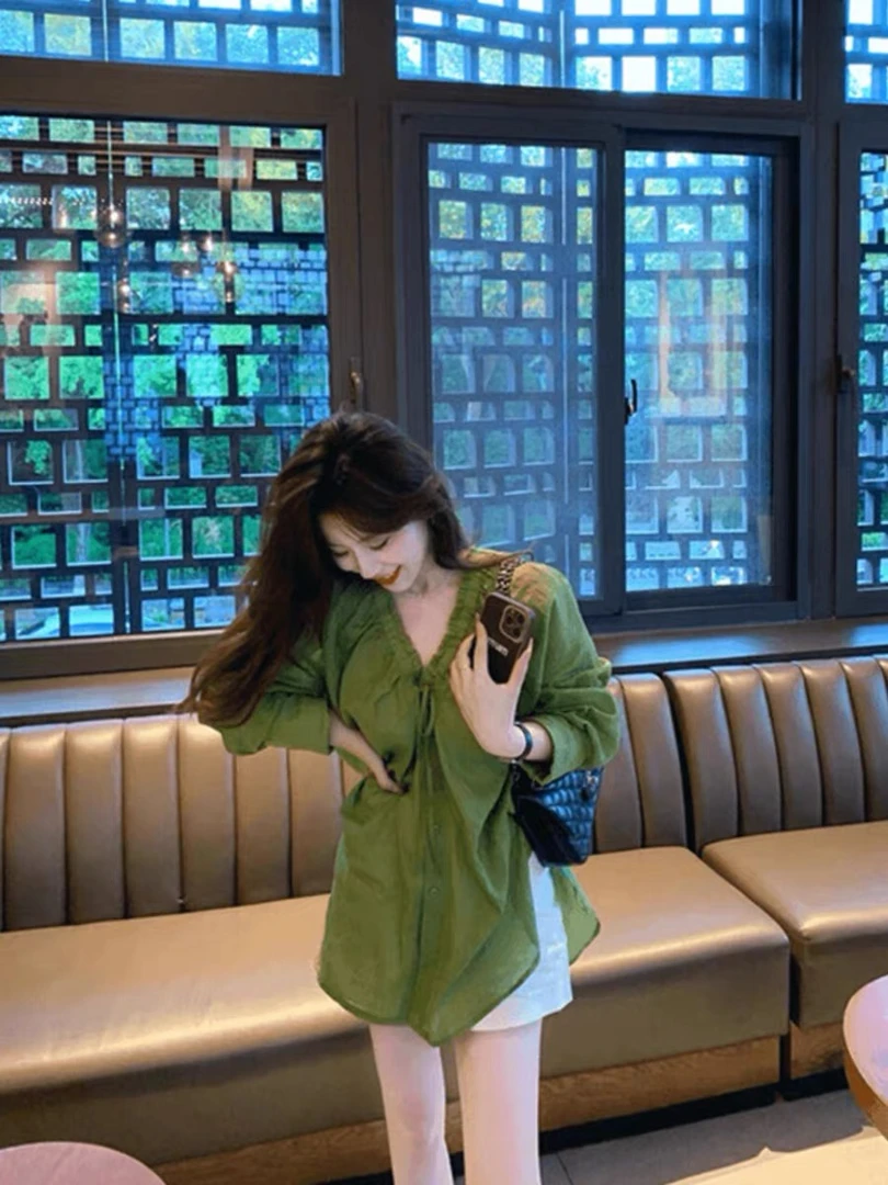 2025夏季新款法式薄款透气长袖雪纺衫上衣高腰直筒休闲显瘦短裤女