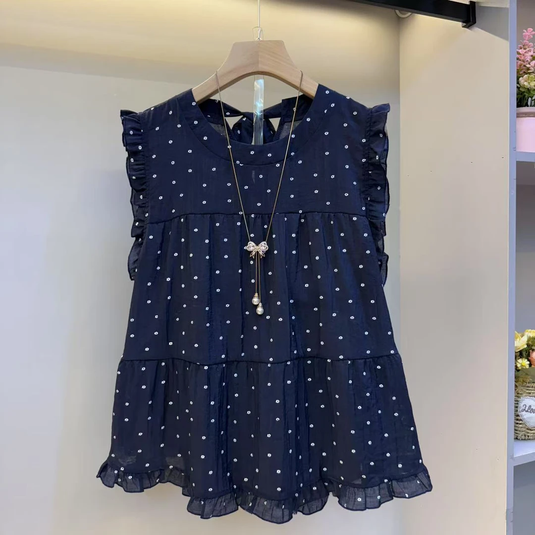 2025夏新款圆领美背木耳边无袖减龄小花朵洋气衫