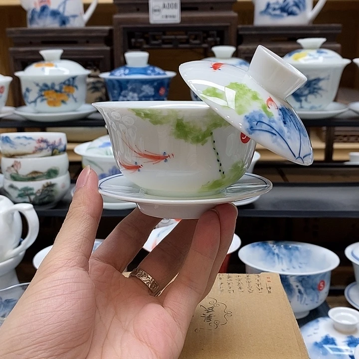 手绘五彩荷花盖碗150cc悬停釉下彩微瑕福利款