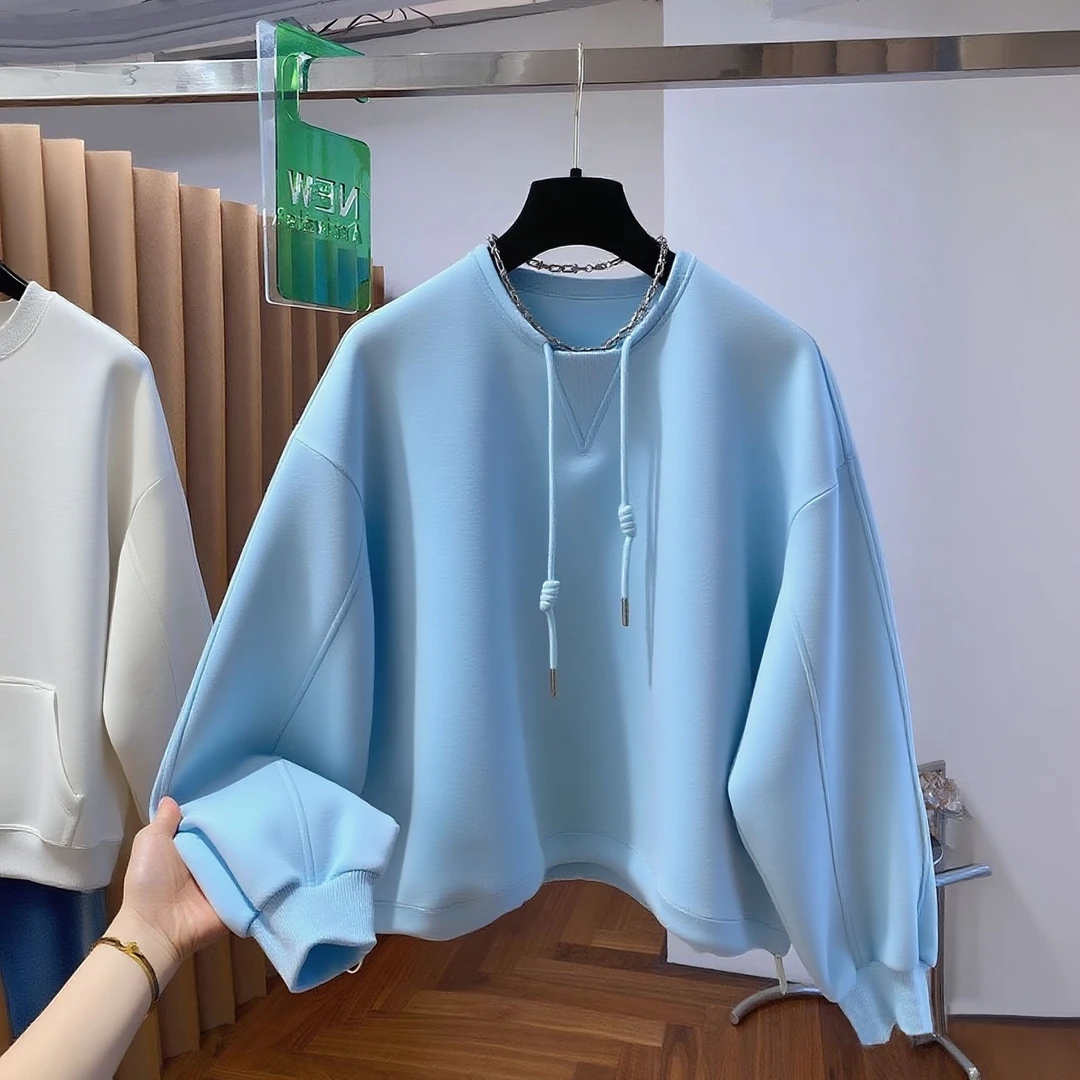 韩系设计感小众抽绳圆领卫衣女2025秋季新款宽松休闲百搭套头上衣