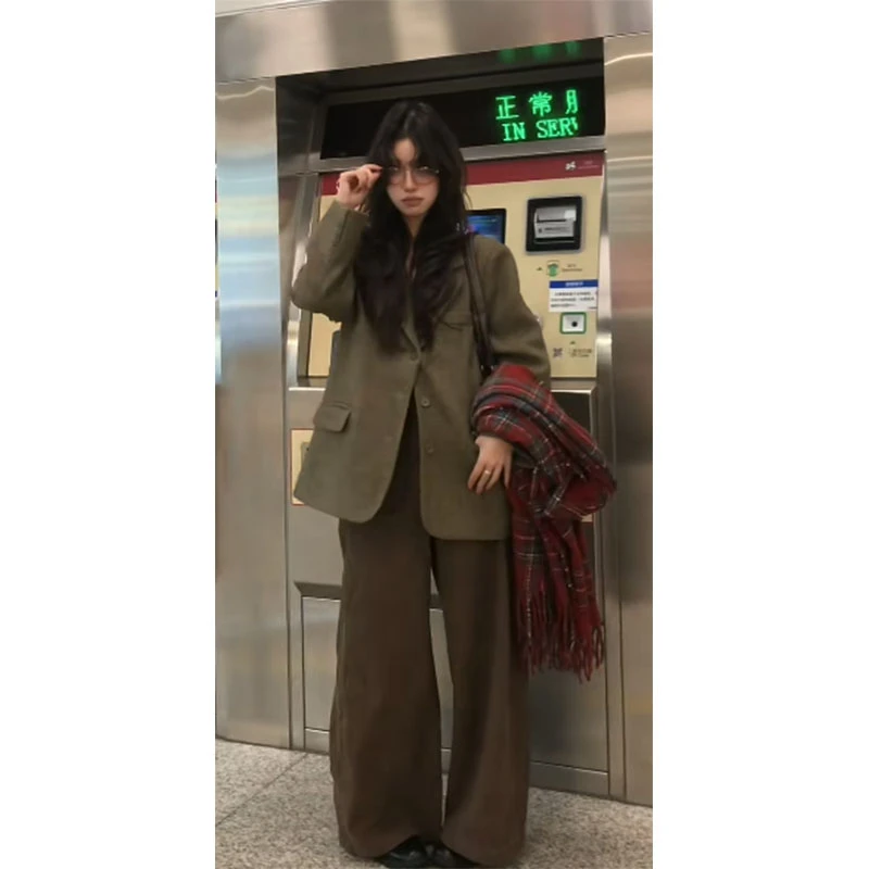 2025韩版设计感通勤风修身显瘦百搭时尚外套上衣休闲阔腿长裤套装
