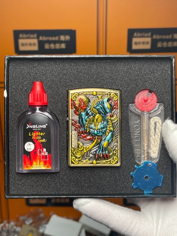 网红爆款 黄铜五面精雕貔貅招财进宝防风质感煤油打火机三件套