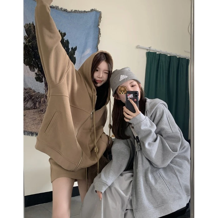 韩系设计感连帽拉链宽松长袖卫衣外套短裙女2025秋季新款时尚套装