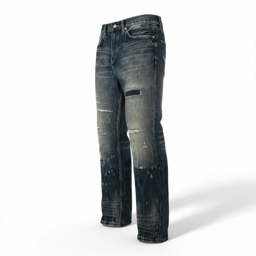 美式复古破洞补丁直筒牛仔裤男秋季新款棉撞色潮流做旧修身长裤