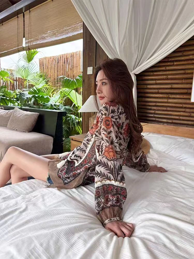 【漠上玫瑰】2025夏季新款时尚复古民族风印花流苏衬衫.K50606a