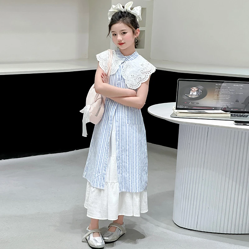 【嘻嘻柚】女童夏季2025韩版花边领竖条纹中长款衬衫连衣裙两件套