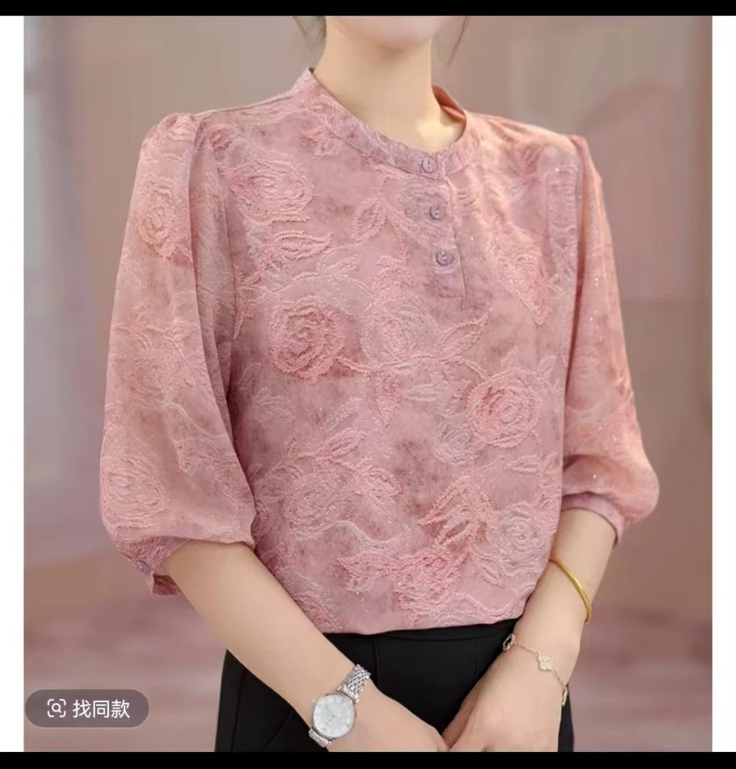 124圆领衬衫夏季纽扣薄款春季时尚常规国风防晒小衫镂空