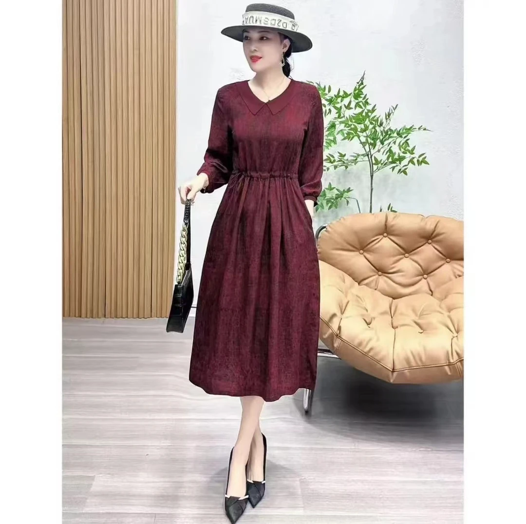【遇见妳】5777新款翻边领红色抽绳印花收腰显瘦气质百搭女装连衣裙