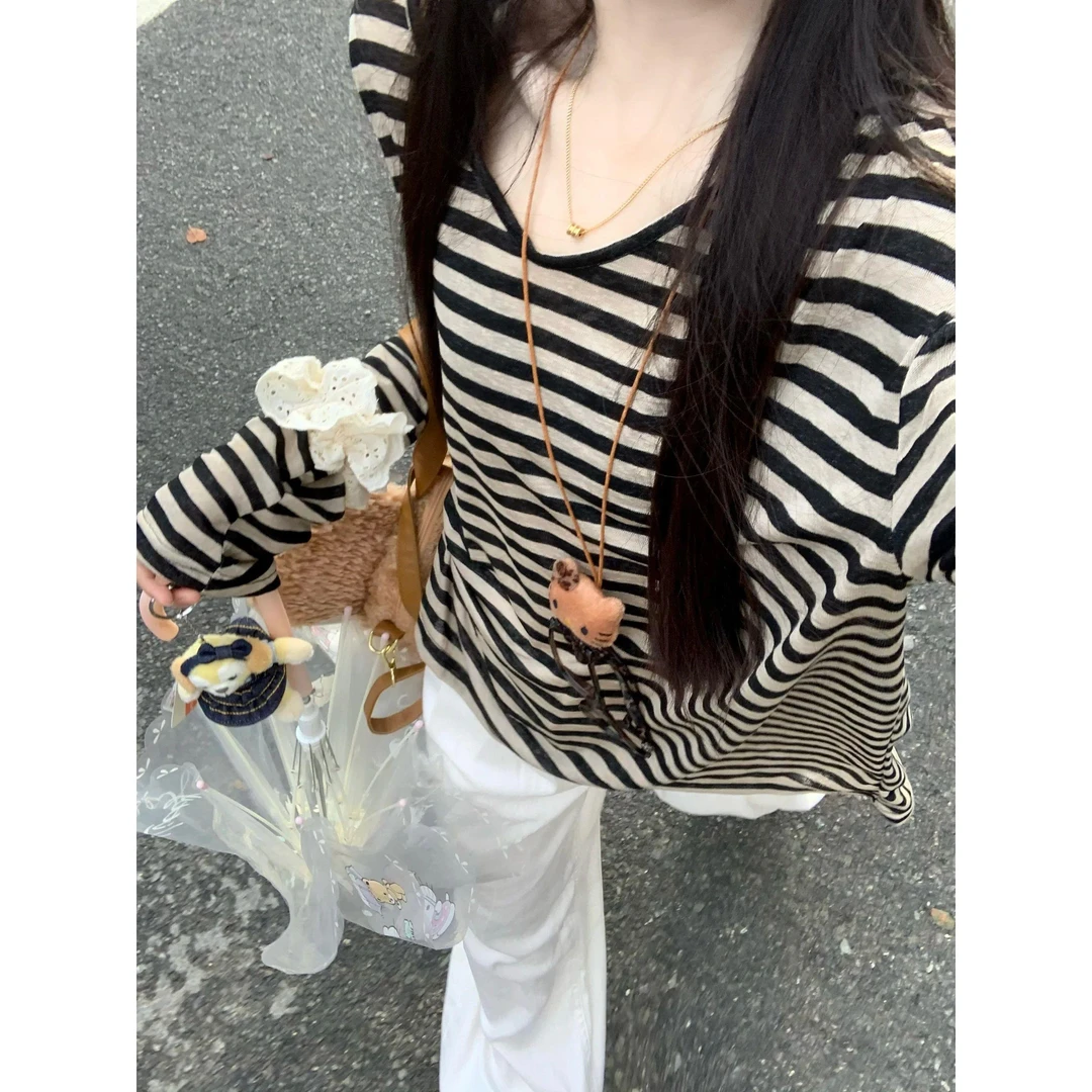 慵懒风条纹长袖t恤女2025新款夏季薄款oversize宽松罩衫