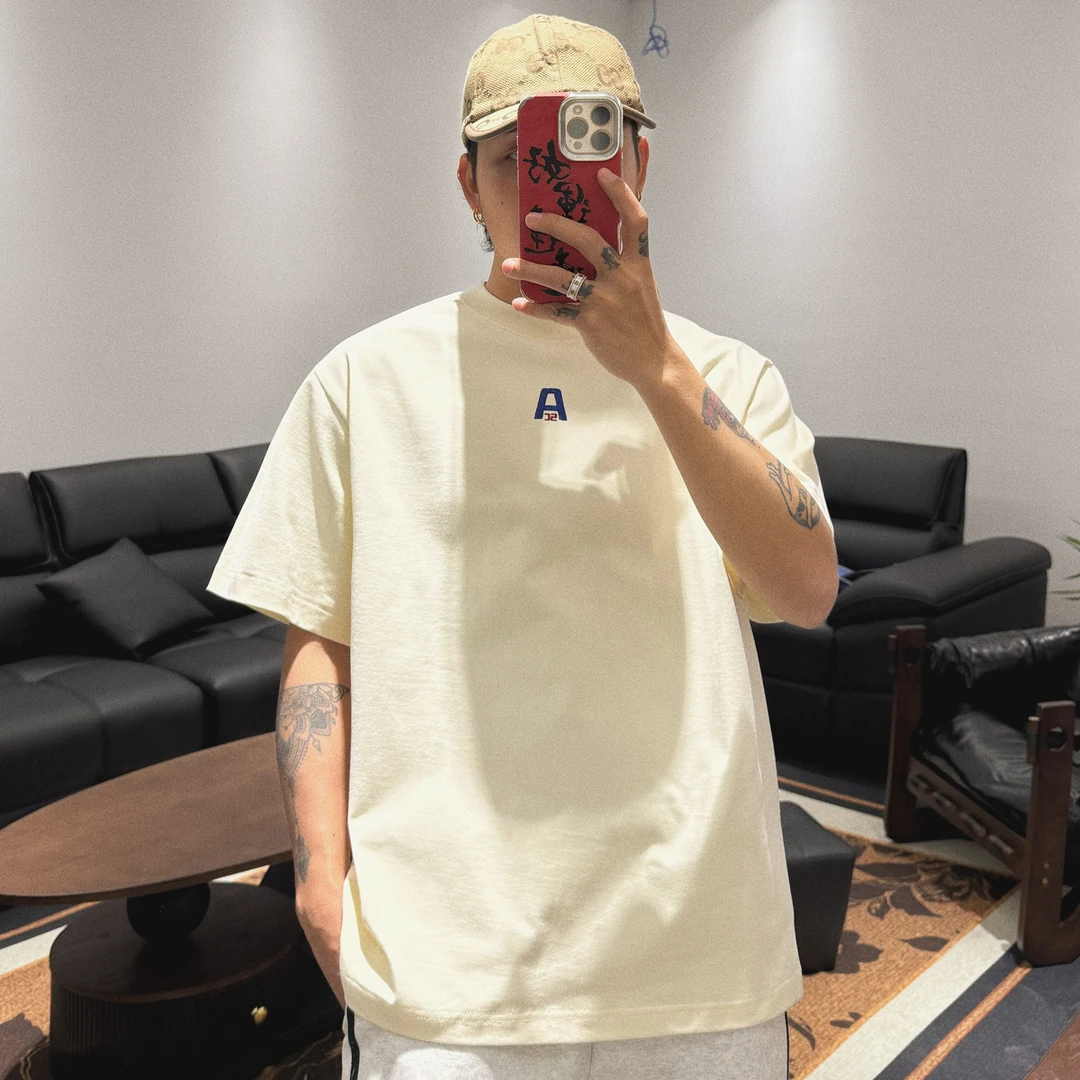 老颜原创320克重磅短袖t恤刺绣字母潮流夏季新款简约宽松圆领T恤