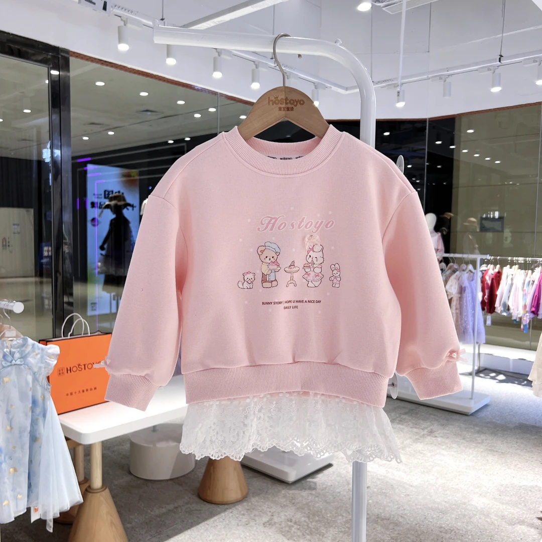 皇室童缘女童卡通印花卫衣春秋季新款粉色圆领上衣17780232007