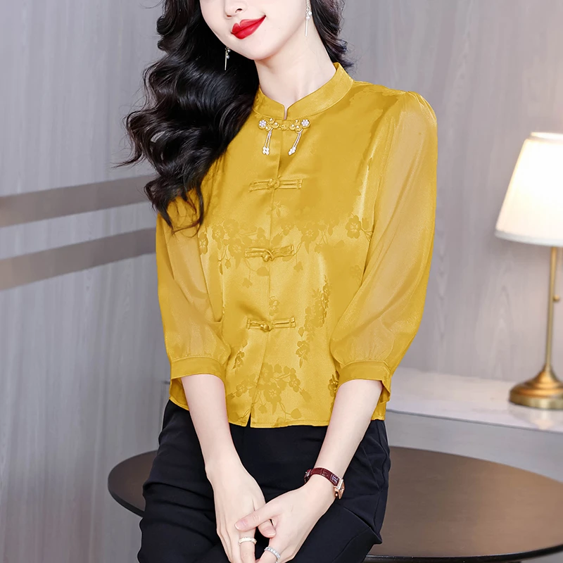 妈妈新中式国风盘扣衬衫女夏季新款复古气质女士七分袖衬衣