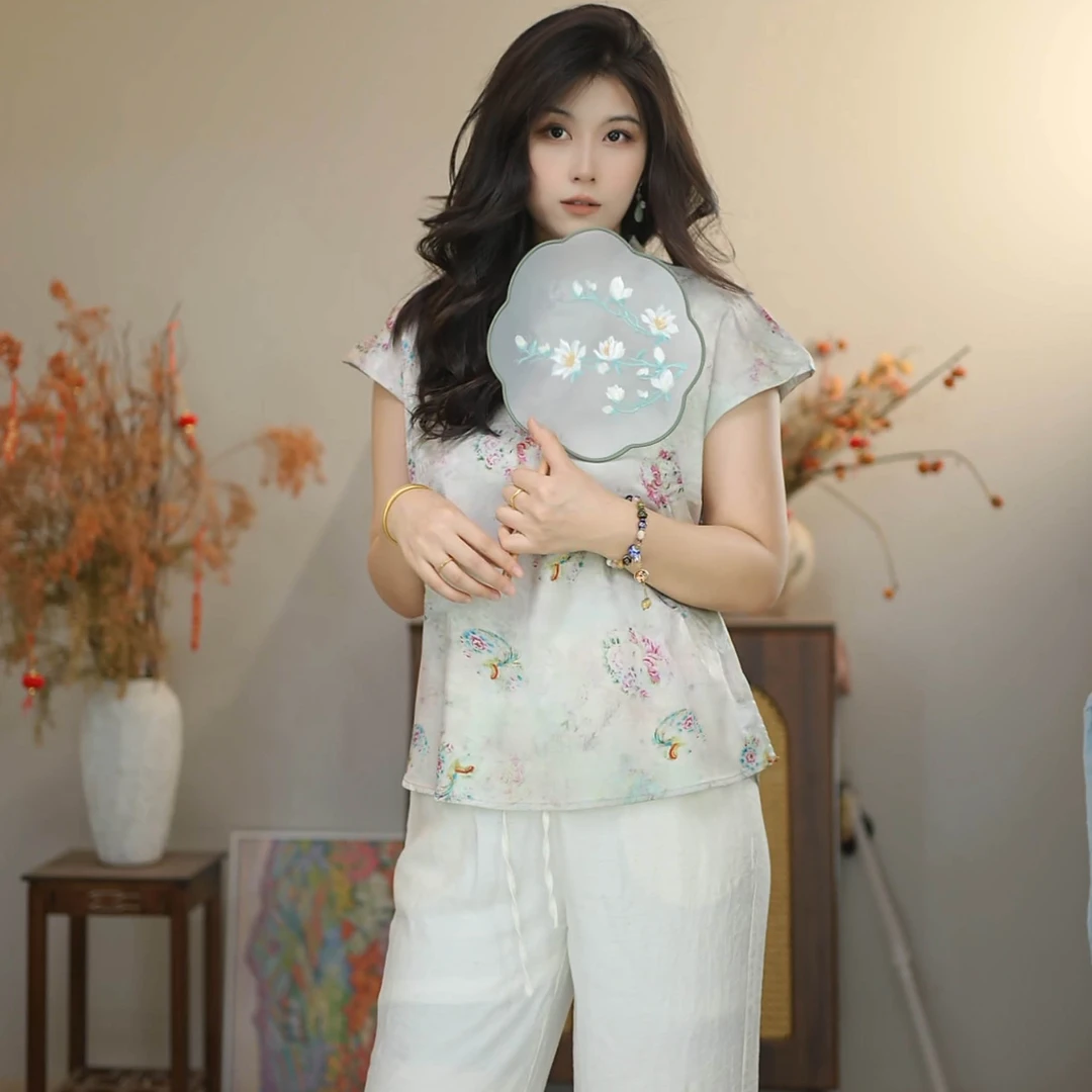【9127】提花斜襟宽松上衣薄款刻花短袖斜领新中式文艺夏季