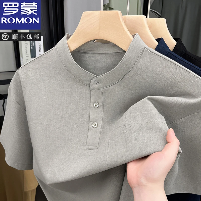 罗蒙男士立领短袖T恤中青年百搭休闲上衣夏季薄款透气速干男装潮