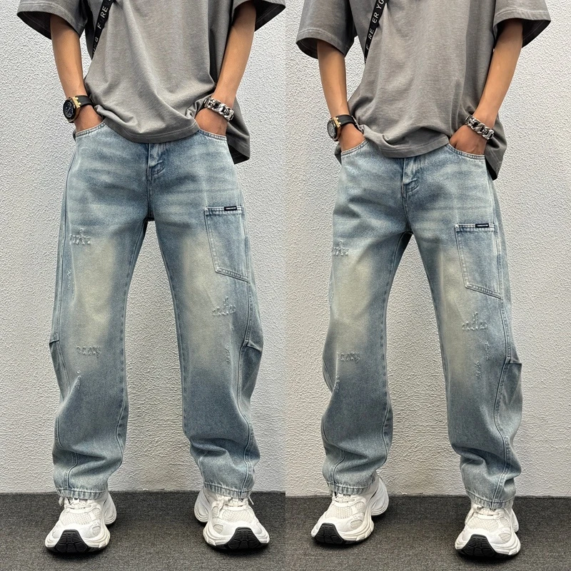 男士水洗牛仔裤2025夏季新款休闲裤潮流宽松阔腿裤流行直筒长裤子