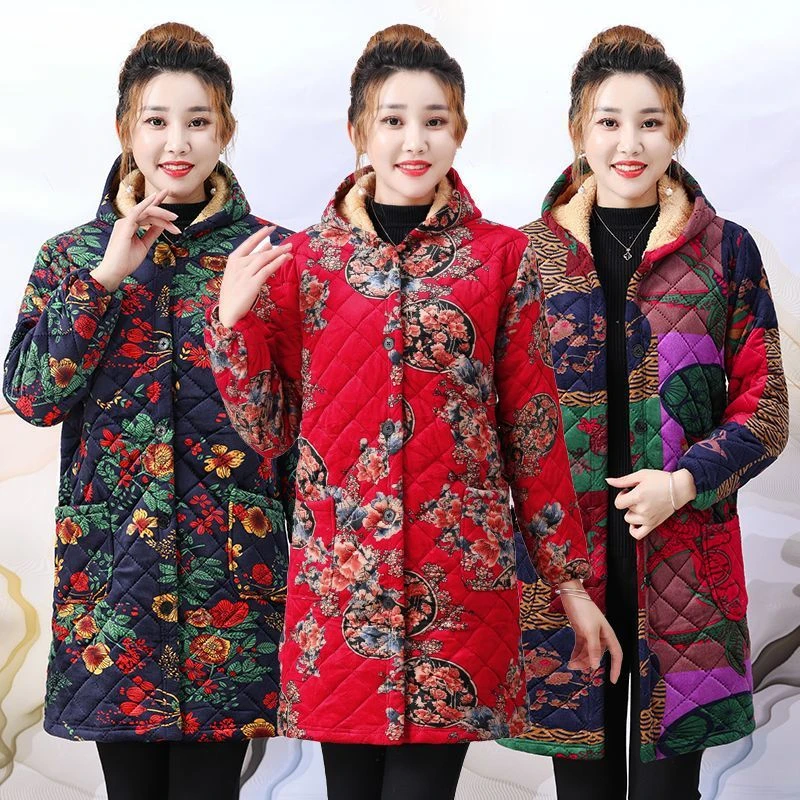 妈妈冬装中长款加绒棉衣阔太太时尚大码印花棉袄外套中年加厚大衣