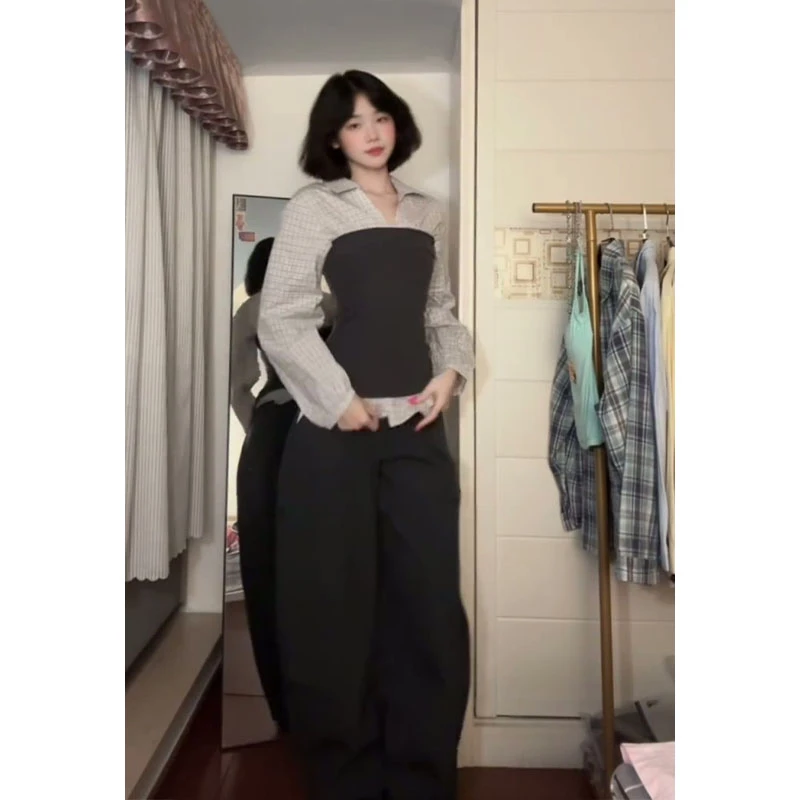 2025秋冬新款韩系穿搭修身翻领格纹长袖上衣百搭高腰显瘦阔腿长裤